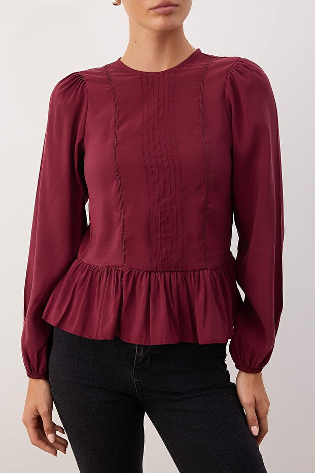 Bordo Aksesuar Detaylı Dokuma Bluz TWOAW26BZ00299 - 3