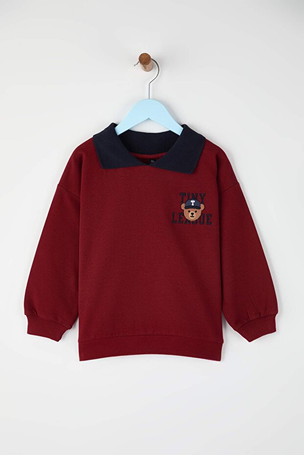 Bordo Pamuklu Baskılı Polo Yaka Regular Unisex Çocuk Örme Sweatshirt TKDAW26SW00019 - 2