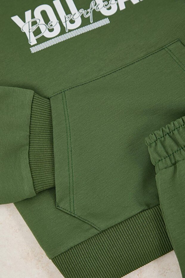 Yeşil Slogan Baskılı Örme Erkek Çocuk Sweatshirt ve Eşofman Alt-Üst Takım TKDAW25AU00149 - 3