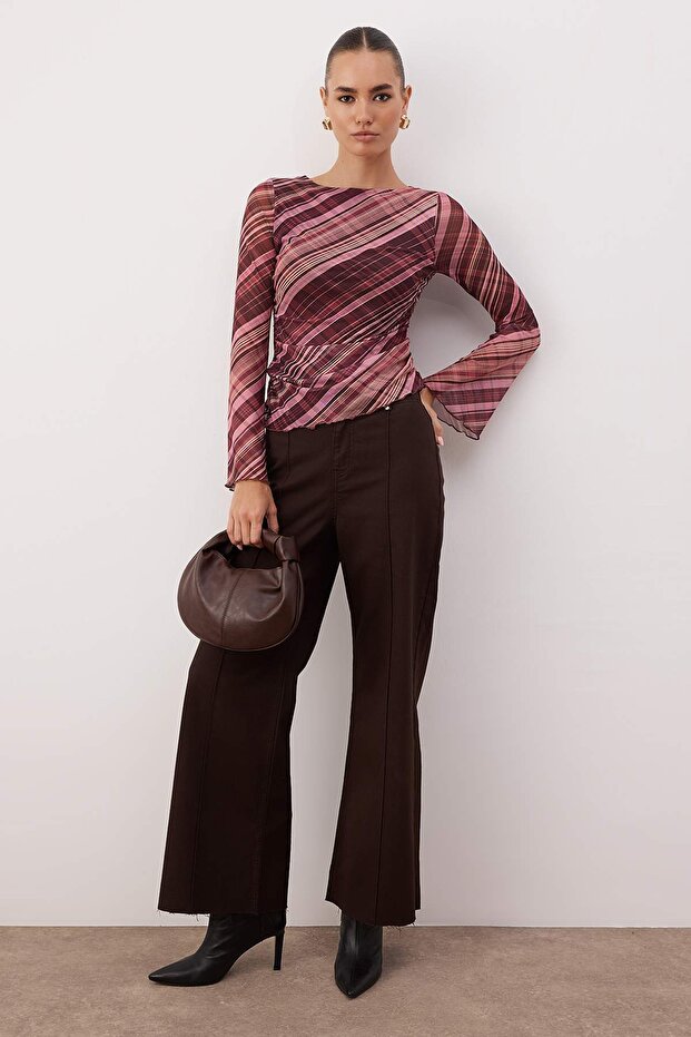 Bordo Ekoseli Kayık Yaka Asimetrik Detaylı Fitted/vücuda Oturan Örme Bluz TWOAW26BZ00128 - 2