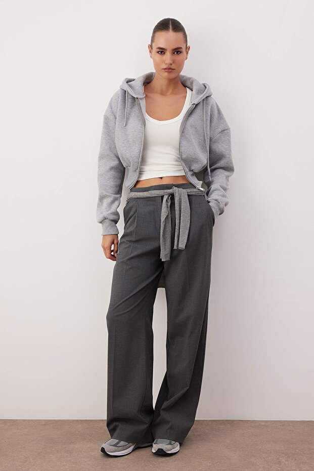 Gri Melanj Crop Oversize Örme Sweatshirt TWOAW25SW00302 - 1