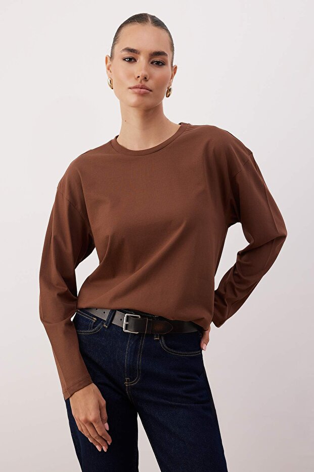 Kahverengi-Taş 2'li Paket %100 Süprem Oversize/Geniş Kesim Örme T-Shirt TWOAW25TS00004 - 2