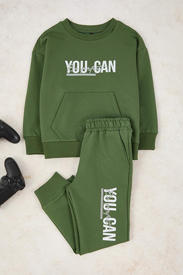Yeşil Slogan Baskılı Örme Erkek Çocuk Sweatshirt ve Eşofman Alt-Üst Takım TKDAW25AU00149 - 1