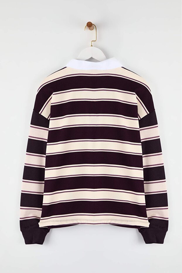 Çok Renkli Çizigli Polo Yaka Oversize/Geniş Kalıp Örme Sweatshirt TWOAW26SW00245 - 8