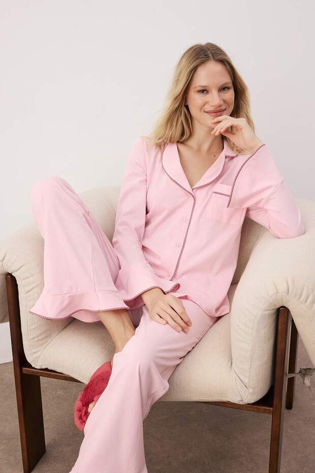 Pembe %100 Pamuklu Biyeli/Volanlı Örme Pijama Takımı THMAW26PT00161 - 2