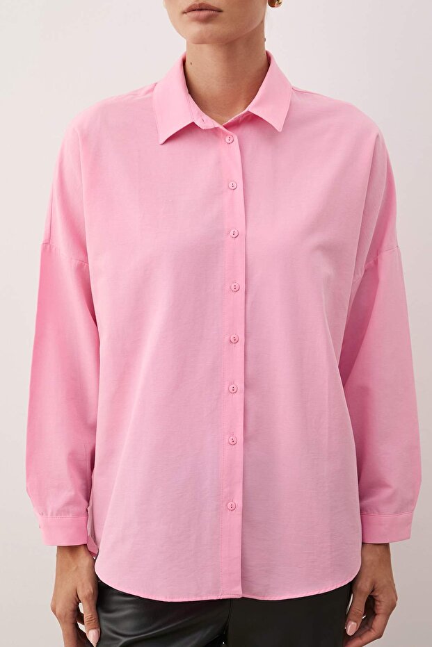 Pembe Pamuklu Oversize Geniş Kalıp Dokuma Gömlek TWOSS22GO0669 - 4