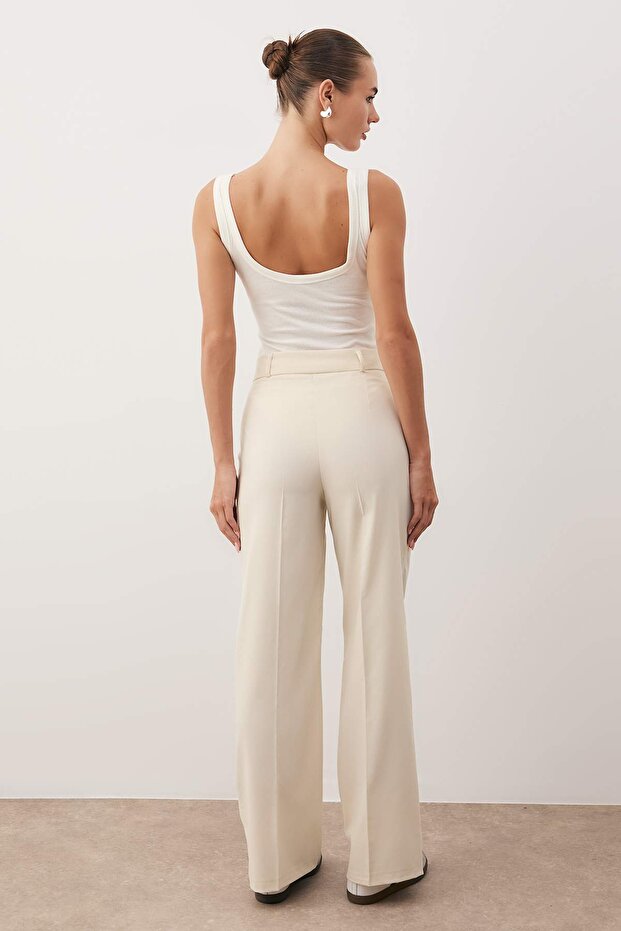 Bej Wide Leg/Geniş Paça Yüksek Bel Dokuma Kumaş Pantolon TWOSS23PL00314 - 5