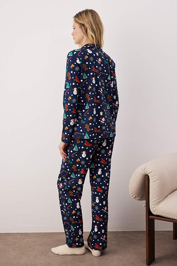 Lacivert %100 Pamuklu Yılbaşı Temalı Örme Pijama Takımı THMAW22PT1212 - 4
