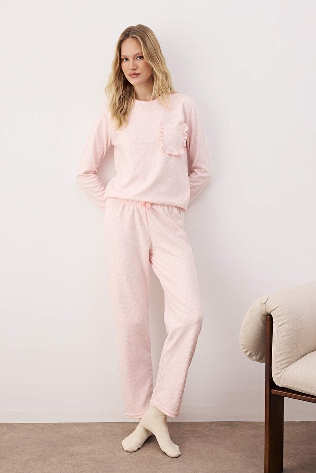 Pudra Kalp Desenli Fırfırlı ve Cepli Örme Pijama Takımı THMAW26PT00205 - 1
