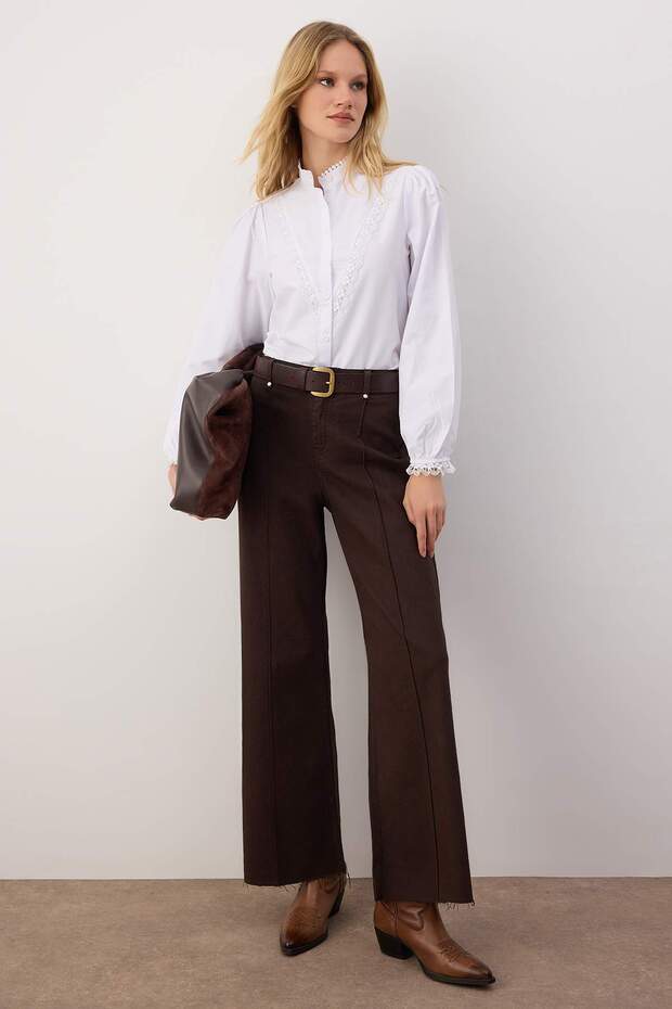 Beyaz Boho Dantel Detaylı Pamuklu Oversize Dokuma Gömlek TWOAW21GO0077 - 1