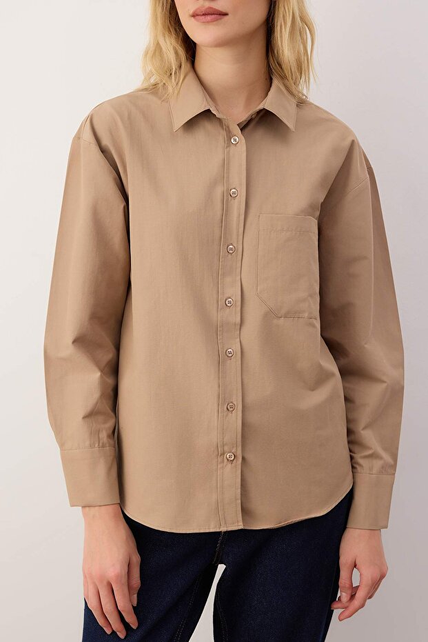 Koszula taupe z pojedynczą kieszenią typu Boyfriend/szeroka, bawełniana tkana koszula TWOAW20GO0115 - 3