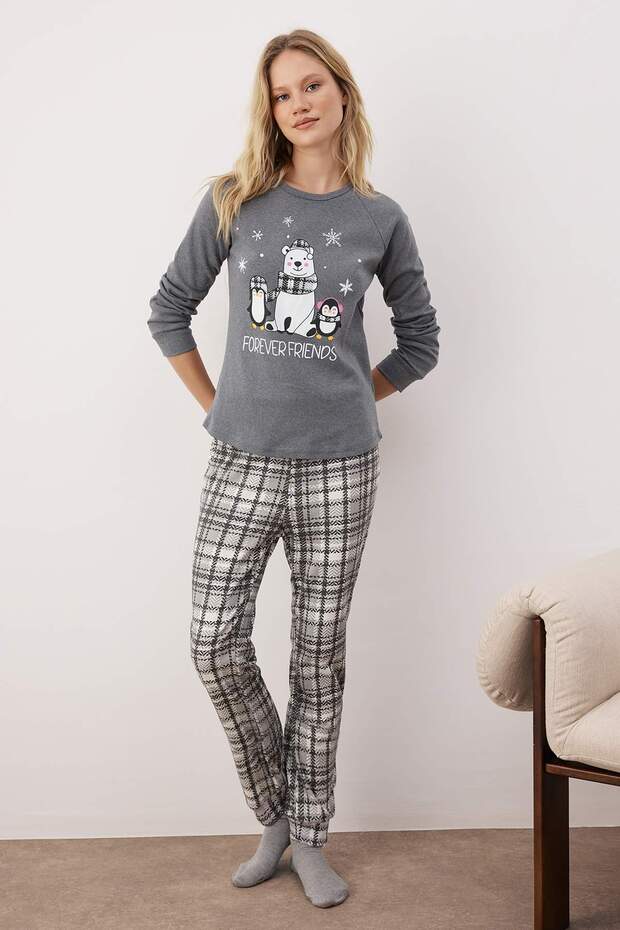 Komplet piżam z dzianiny w kratę z nadrukiem pingwina - Thmaw22Pt0395 - 2