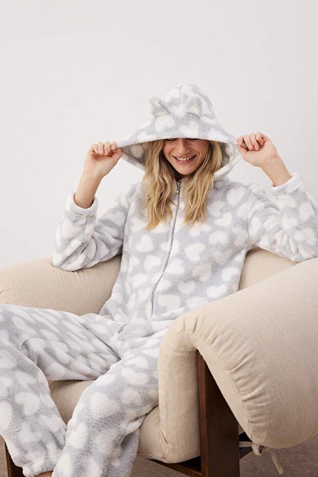 Gri Kalp Desenli Kapüşonlu Wellsoft Örme Tulum/Pijama Takımı THMAW26TU00000 - 1