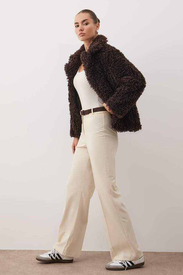 Bej Wide Leg/Geniş Paça Yüksek Bel Dokuma Kumaş Pantolon TWOSS23PL00314 - 3