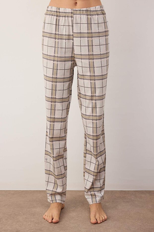 Beżowy komplet piżamowy w kratkę, dzianina 100% bawełna - THMAW20PT0266 - 3