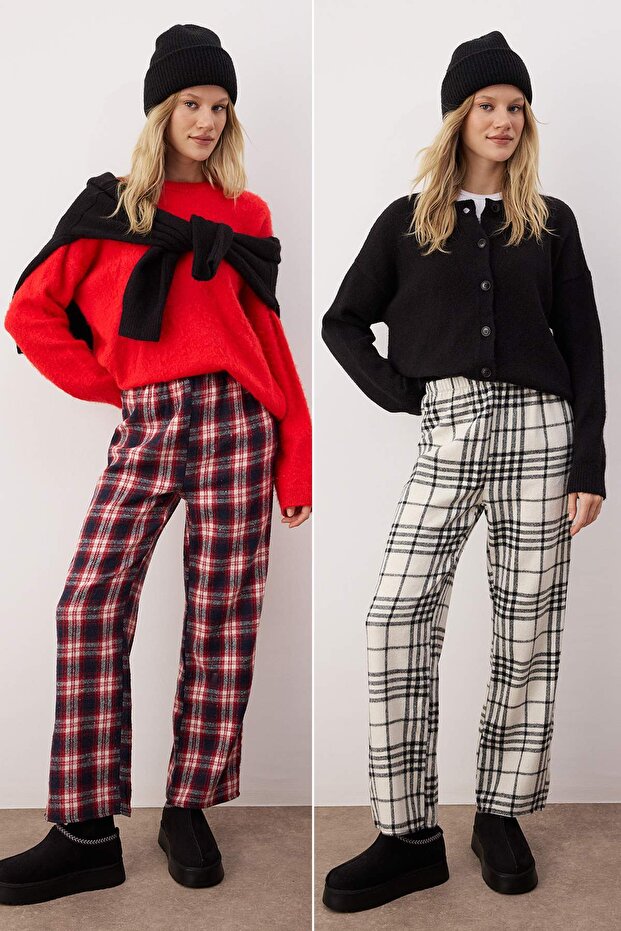 Kırmızı-Çok Renkli 2'li Pamuklu Ekoseli Flanel Dokuma Pijama Altı THMAW26PJ00007 - 1