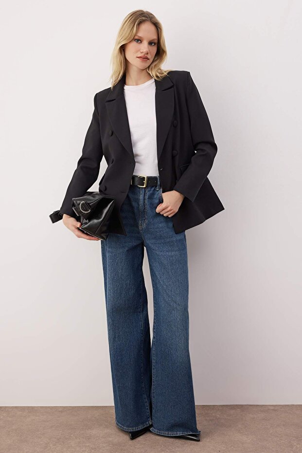 Siyah Regular Astarlı Dokuma Blazer Ceket TWOSS21CE0137 - 1