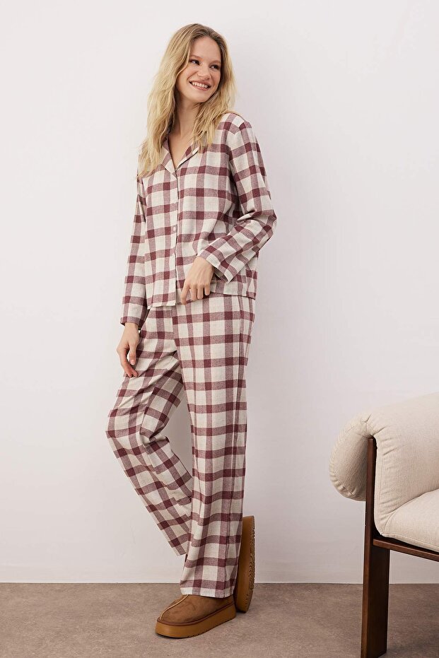 Kırmızı-Çok Renkli Pamuklu Kalın/Kışlık Ekoseli Flanel Dokuma Pijama Takımı THMAW26PT00196 - 2
