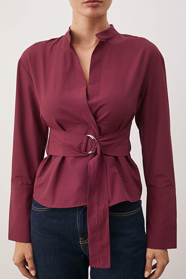 Bordo Kuşaklı Önü Çıtçıtlı Ayarlanabilir Gömlek TWOAW26GO00067 - 3