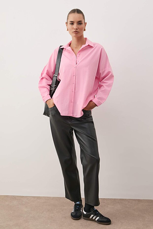 Pembe Pamuklu Oversize Geniş Kalıp Dokuma Gömlek TWOSS22GO0669 - 1