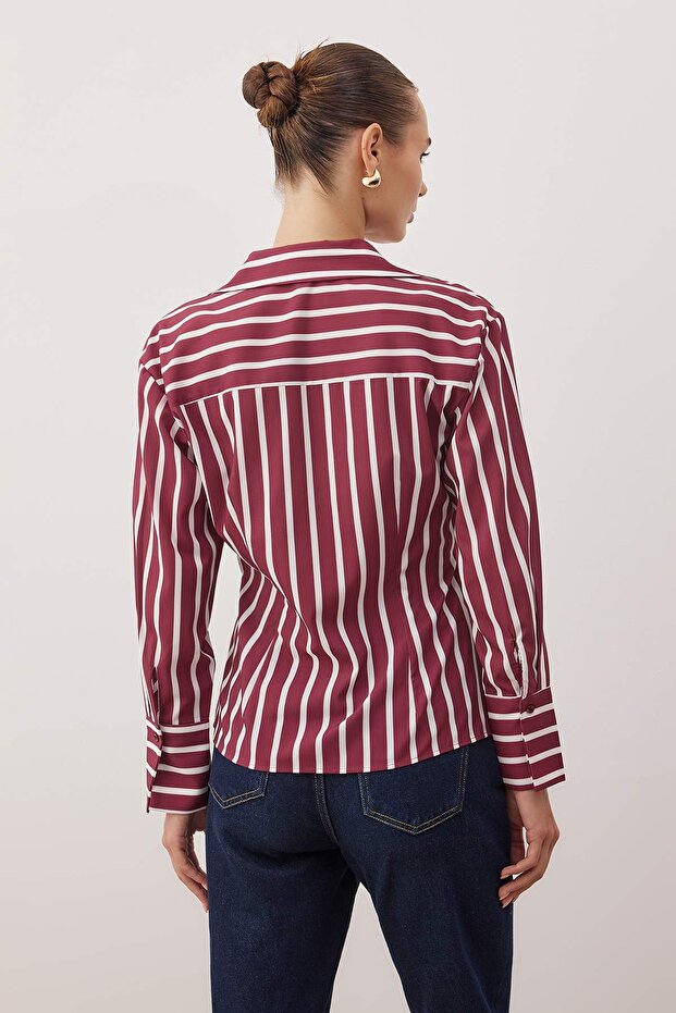 Bordo-Çok Renkli Çizgili Pili Detaylı Gömlek TWOAW26GO00125 - 4
