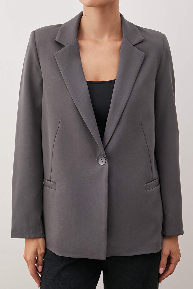 Gri Regular Astar Detaylı Dokuma Blazer Ceket TWOAW20CE0316 - 3