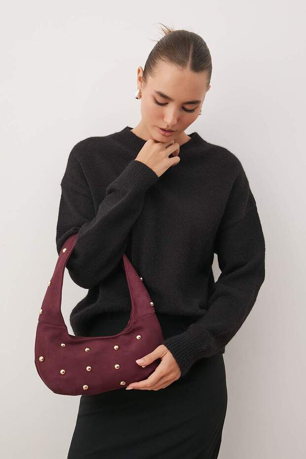 Bordo Süet Rose Trok Taşlı Kadın Oval Orta Boy El Ve Omuz Çanta TAKSS25OC00059 - 2