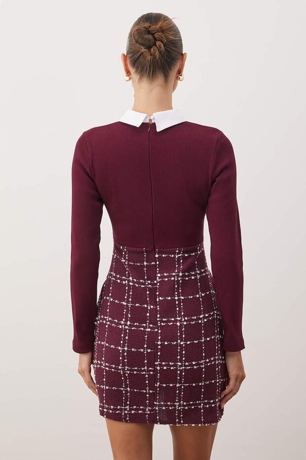 Bordo Ekose / Kareli Dokuma Elbise TWOAW21EL0454 - 4