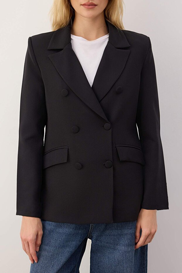 Siyah Regular Astarlı Dokuma Blazer Ceket TWOSS21CE0137 - 3