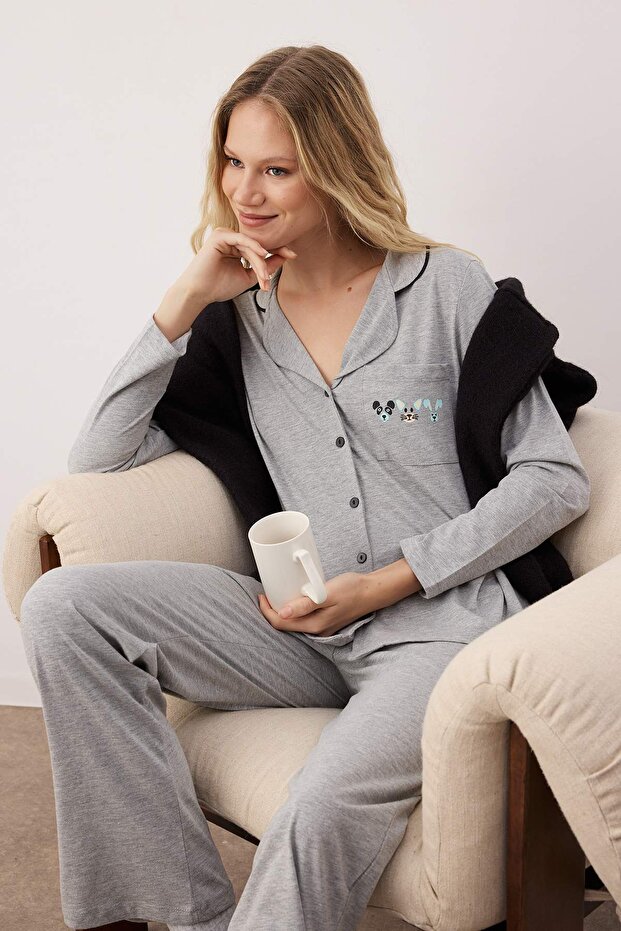 Gri %100 Pamuklu Biye ve Cep Detaylı Baskılı Örme Pijama Takımı THMAW22PT0785 - 2