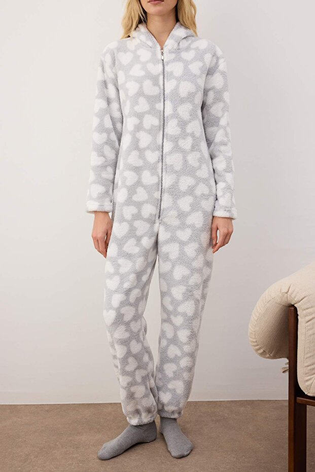 Gri Kalp Desenli Kapüşonlu Wellsoft Örme Tulum/Pijama Takımı THMAW26TU00000 - 3
