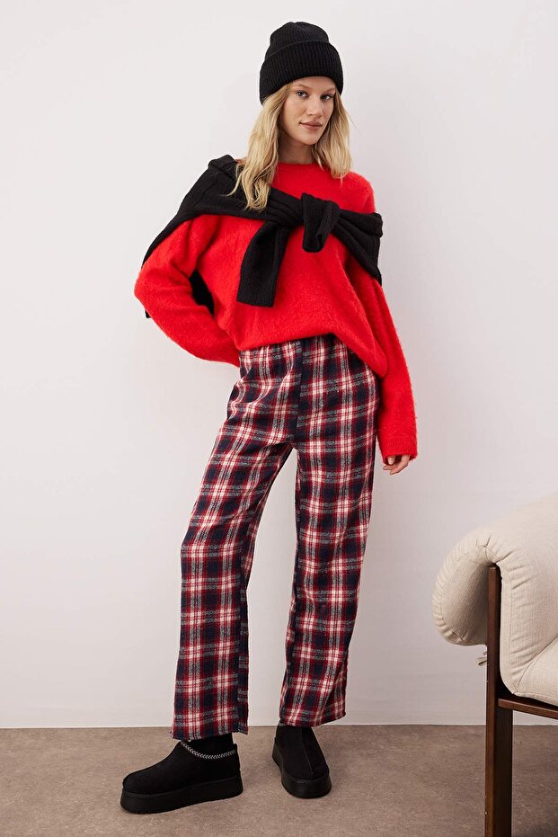 Kırmızı-Çok Renkli 2'li Pamuklu Ekoseli Flanel Dokuma Pijama Altı THMAW26PJ00007 - 2