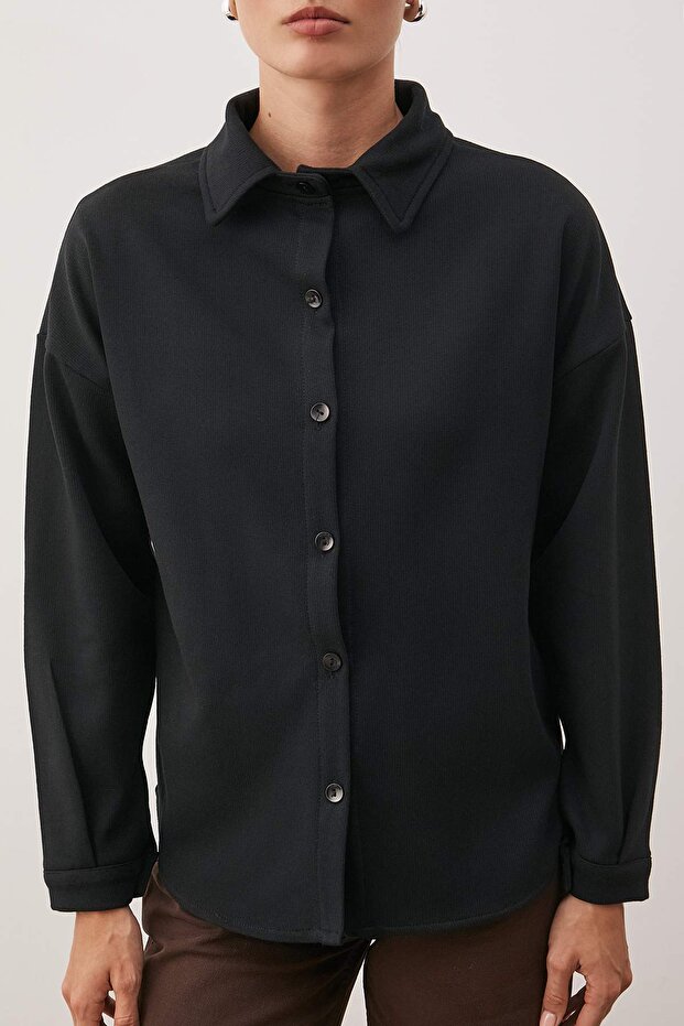 Siyah Selanik Polo Yaka Düğmeli Oversize Gömlek TWOAW26GO00117 - 3
