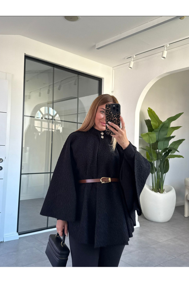 Women's Black Belted Boucle Fabric Casual Poncho M5000