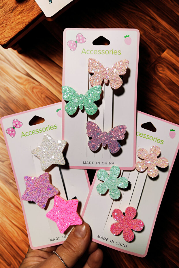 Girl's 9 Pieces Glitter Silvery Clip Buckle (Butterfly-Heart-Star)