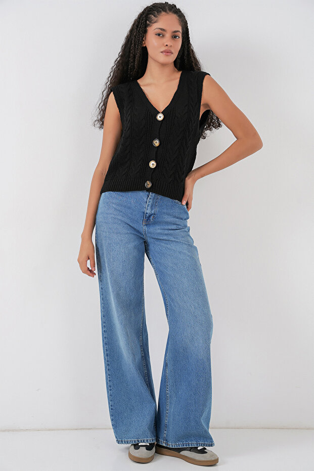 15882 Düğmeli Kısa Triko Yelek - Siyah - 2