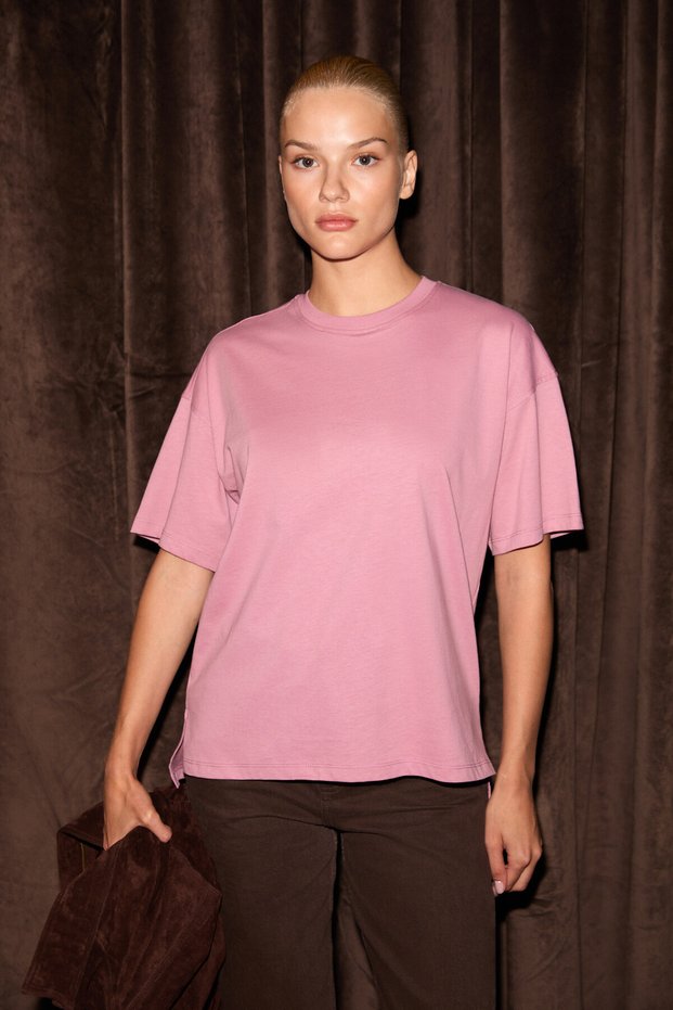 Jemmy Women's 100% Organic Cotton Relaxed Fit Slit Round Neck Dusty Rose T-Shirt