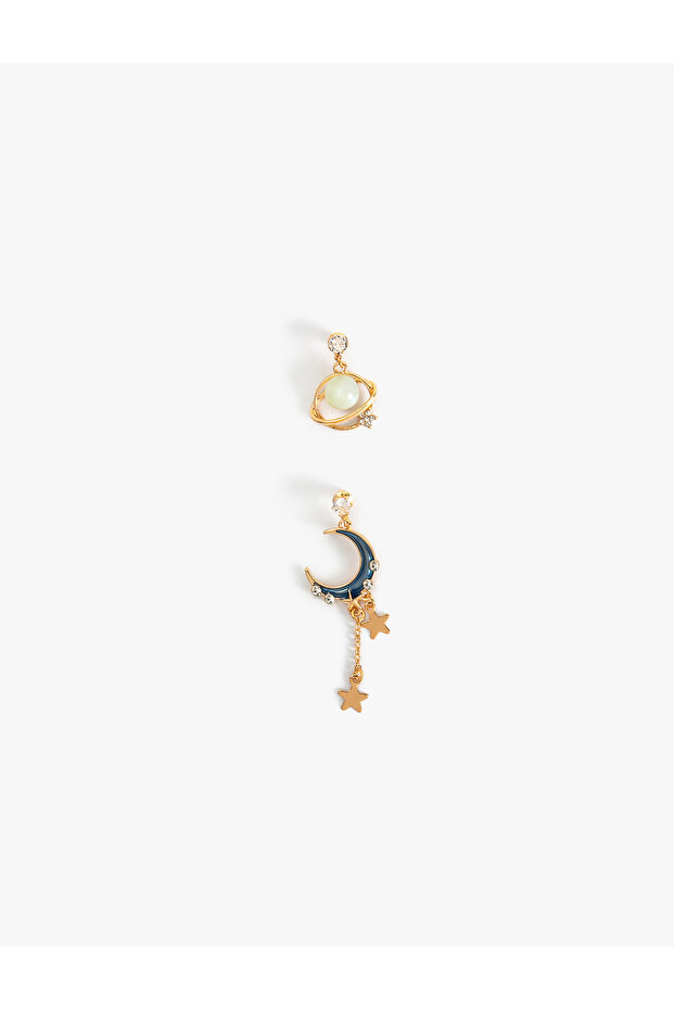 Asymmetrical Moon Earrings Stone Detailed Dangle Steel Blended