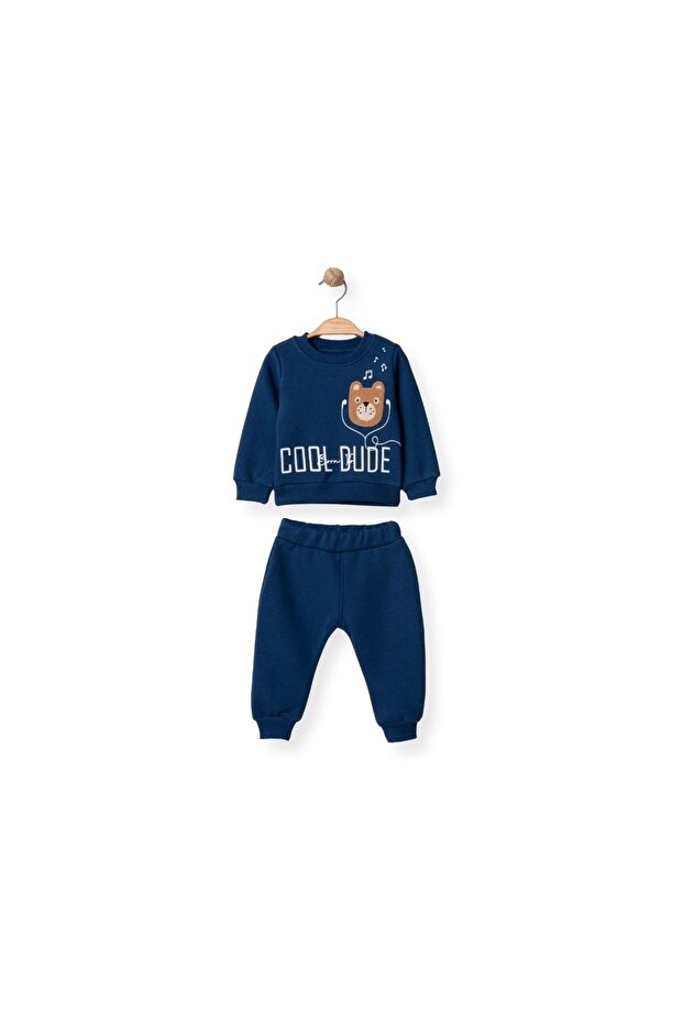 Cool Dude Bear Head Embroidered Three-Thread Ribbed Top and Bottom Set Navy Blue