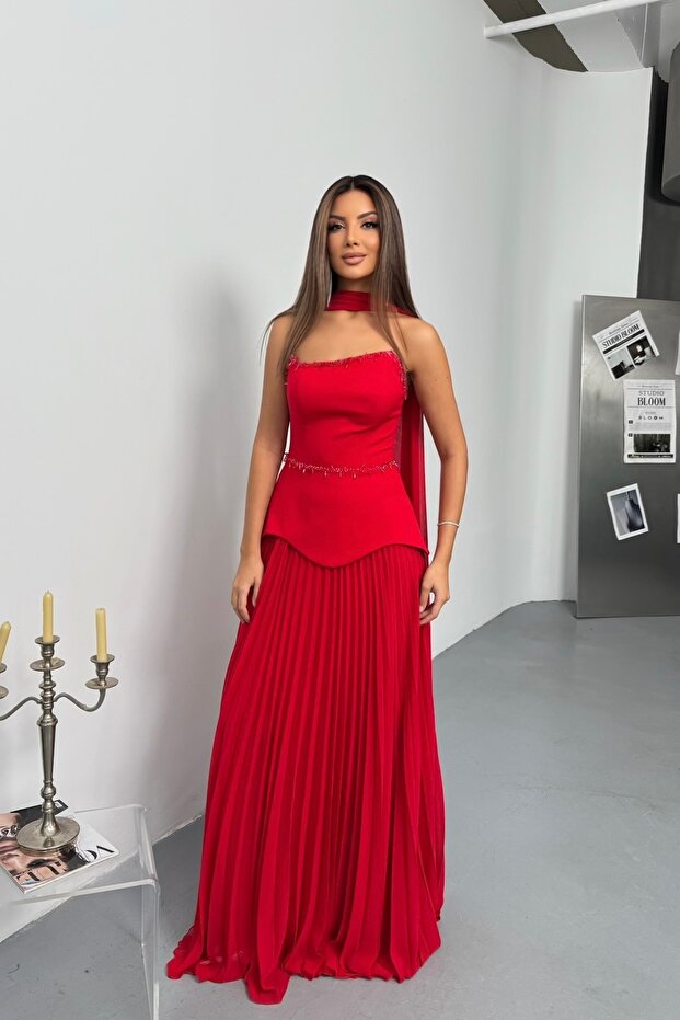 Piliseli Krep İşlemeli Alt Şifon Tek Parça Şallı Abiye Elbise Dar Kalıp - 1