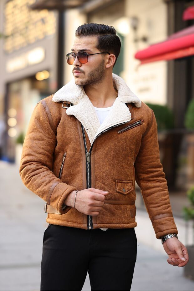 Pánský kožený interiér Napa Full Shearling Vysoce kvalitní Slim Fit Tan Coat & Jacket - 4