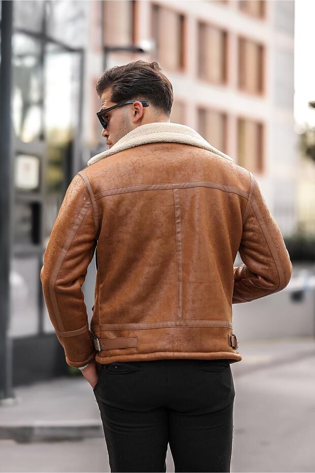 Pánský kožený interiér Napa Full Shearling Vysoce kvalitní Slim Fit Tan Coat & Jacket - 5
