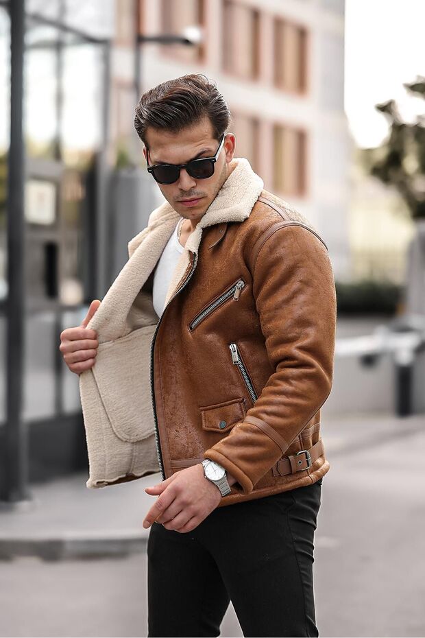 Pánský kožený interiér Napa Full Shearling Vysoce kvalitní Slim Fit Tan Coat & Jacket - 1