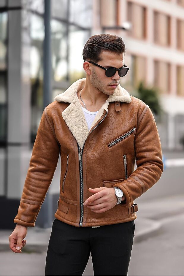 Pánský kožený interiér Napa Full Shearling Vysoce kvalitní Slim Fit Tan Coat & Jacket - 3