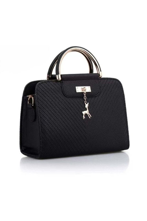 Elegant Women’s Handbag 26x11x20 cm PU Leather Satchel with Deer Charm, Black