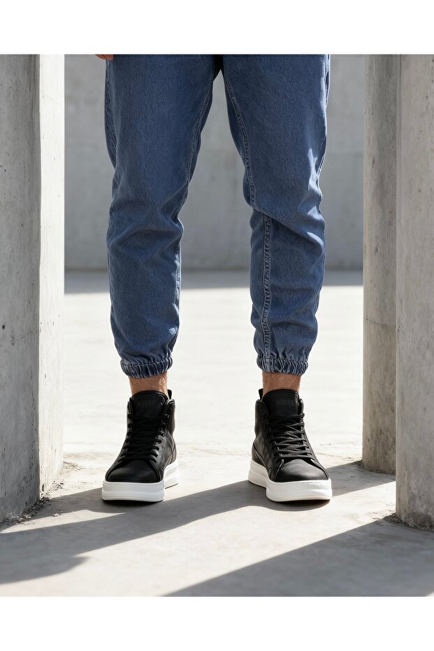 Yüksek Taban Ayakkabı C-030 Siyah (Beyaz Taban) - 4