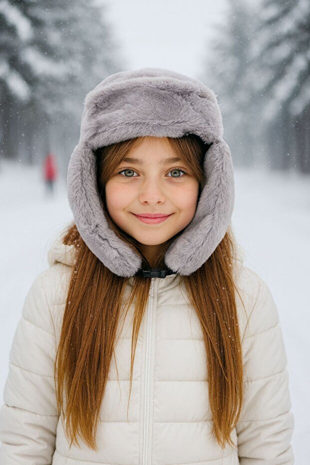 Gray Plush Fur Girl's Beret Hat with Headphones and Snap Fasteners