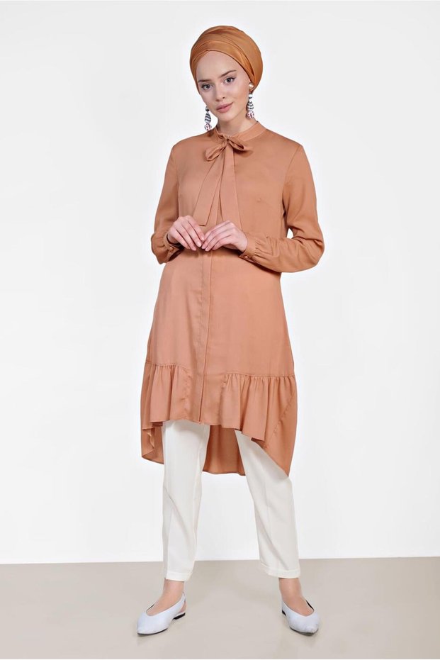 Pleated Hem Tunic with Lace-Up Collar 4066