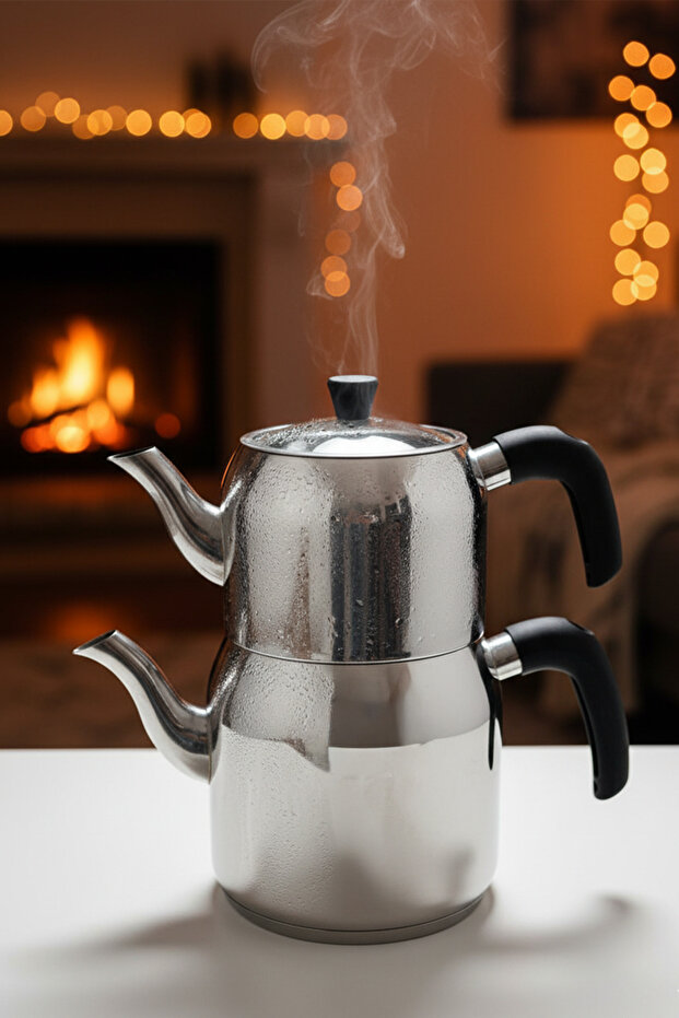 Hanzade Aile Boy Paslanmaz Çelik Çaydanlık – Parlak Gümüş, Ergonomik Saplı, Yüksek Isı Dayanımlı - 1