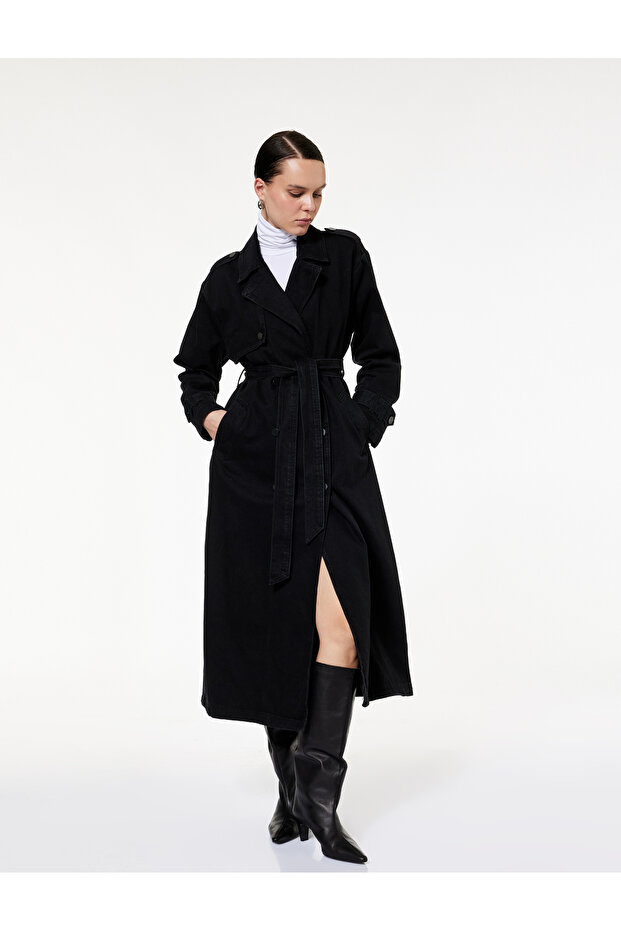 Long Sleeve Double Breasted Collar Belt Detailed Long Denim Trench Coat
